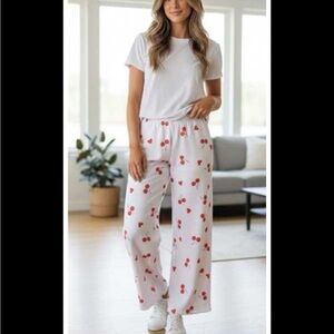 Relaxed White Cherry-Print Wide Leg Pants